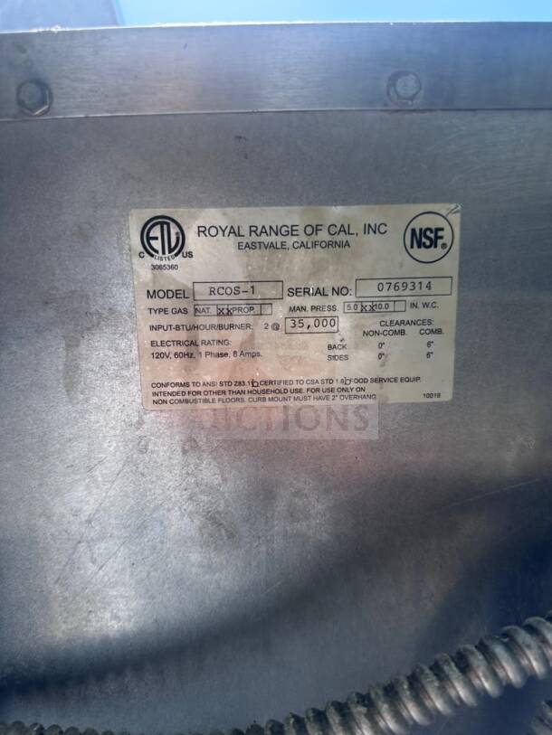 Label on Royal Range RCOS-1 convection oven; details 120V, 70,000 BTU, UL/NSF listed; fully tested and operational.