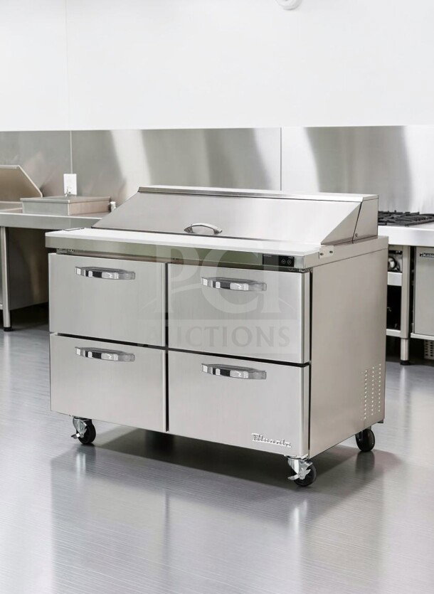 Blue Air BLPT48-D4-HC sandwich prep table, 48", 4 drawers, stainless steel, 12 pan capacity, 13.1 cu. ft., ETL/NSF listed.