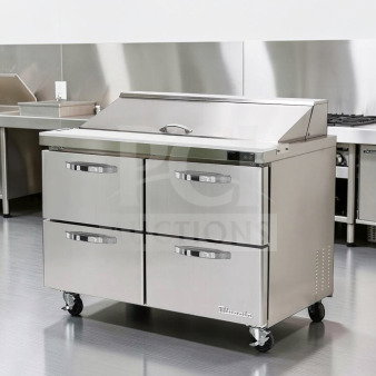 Blue Air BLPT48-D4-HC sandwich prep table, 48", 4 drawers, stainless steel, 12 pan capacity, 13.1 cu. ft., ETL/NSF listed.
