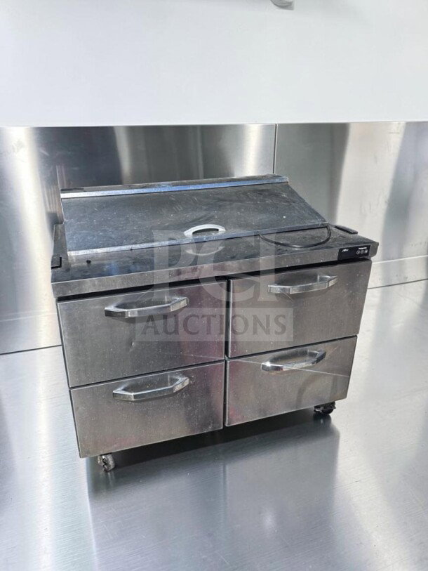 Blue Air BLPT48-D4-HC 48" sandwich prep table with 4 drawers, stainless steel, 12 pan capacity, ETL/NSF listed, fully tested.