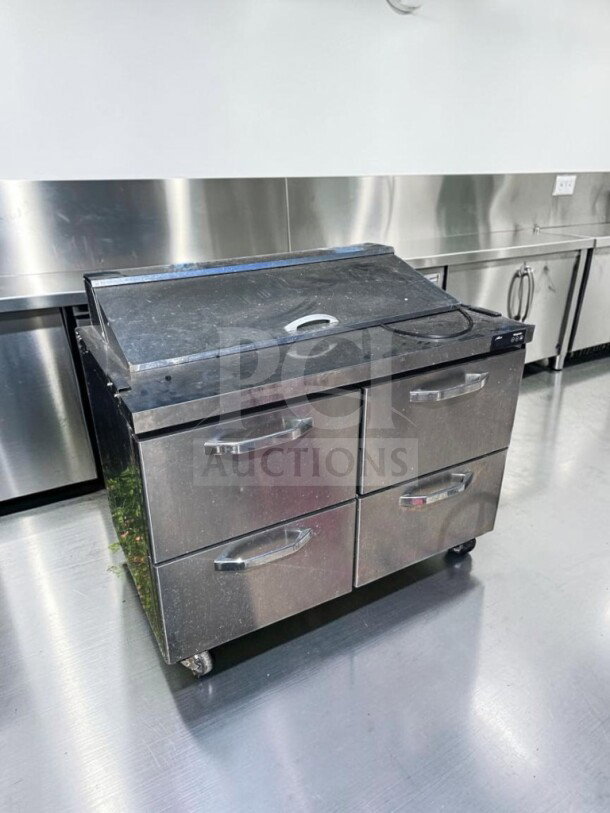 Blue Air BLPT48-D4-HC, 48" sandwich and salad prep table, 4 drawers, holds 12 pans, 13.1 cu. ft., tested, ETL/NSF listed.
