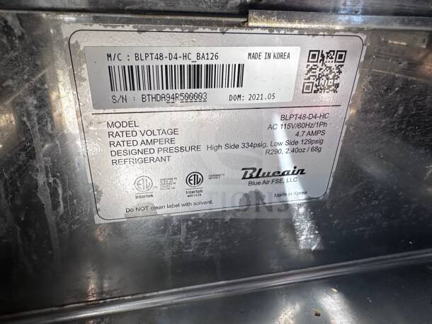 Label on Blue Air BLPT48-D4-HC prep table, showing model details, voltage (115V), ampere (4.7), and ETL/NSF certifications.
