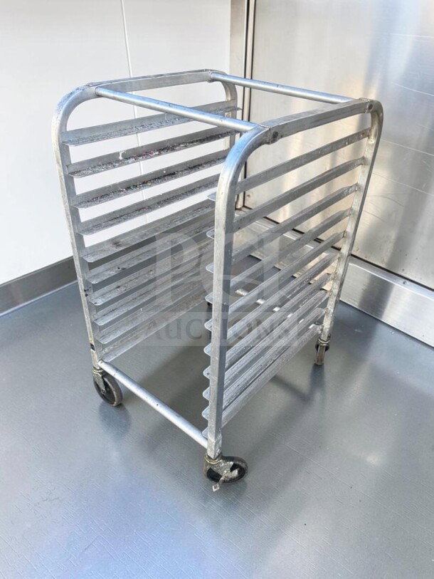 Channel aluminum bun/sheet pan rack, mobile, full-height, 20-pan capacity, used condition, NSF certified, inspected.