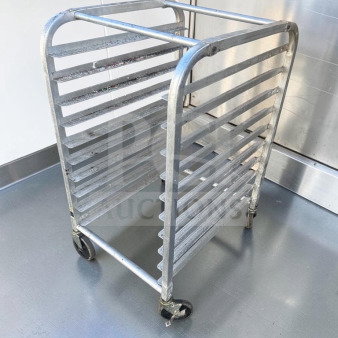 Channel aluminum bun/sheet pan rack, mobile, full-height, 20-pan capacity, used condition, NSF certified, inspected.
