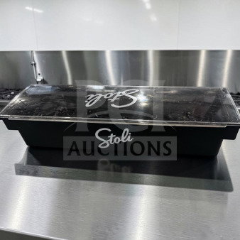 Stoli 6-compartment black plastic condiment caddy with clear lid, in excellent condition, ready for use.