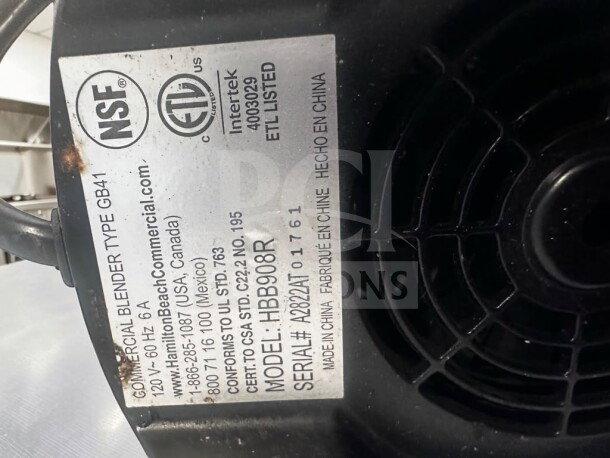 Hamilton Beach HBB908R Commercial Bar Blender, model label with ETL, NSF markings. Optimal condition, fully tested.