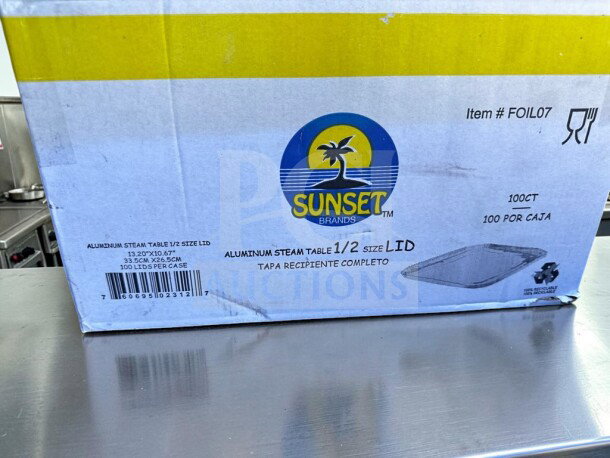 Brand new Sunset Brands FOIL07 aluminum steam table 1/2 size lids, 100 count case, ready for immediate use.