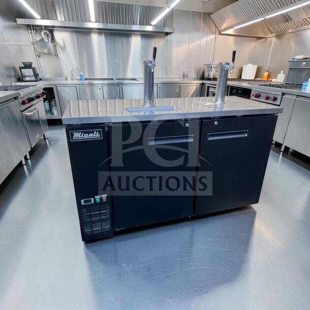 Migali C-DD60-2-HC 60" commercial kegerator, dual tap, 2 keg capacity, excellent condition, fully tested, Migali logo visible.