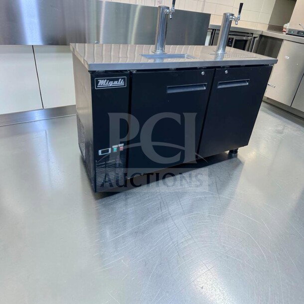 Migali C-DD60-2-HC commercial kegerator, dual tap, 60", two keg capacity, excellent condition, fully tested, brand label visible.