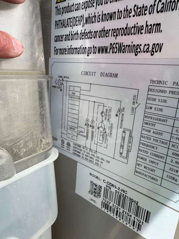 Migali C-DD60-2-HC commercial kegerator circuit diagram and compliance labels, showing model and UPC details.