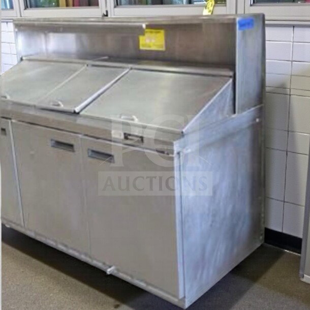 Prime condition commercial stainless steel refrigerated sandwich prep table, 3 doors, fully tested, model PREP-L-TBL-0996.