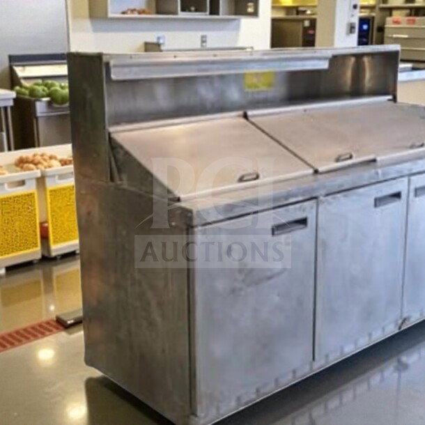 Commercial stainless steel refrigerated sandwich prep table, 3-door, prime condition, fully tested and operational.
