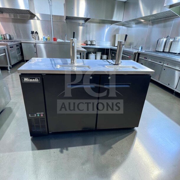 Migali C-DD60-2-HC 60" two-door kegerator in outstanding condition, commercial draft beer cooler, fully tested, operational.