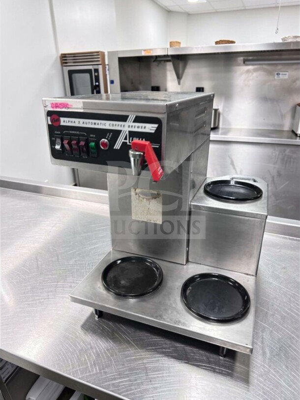Wilbur Curtis Alpha AP-1D automatic coffee brewer, stainless steel, three warmers, NSF certified, excellent condition.