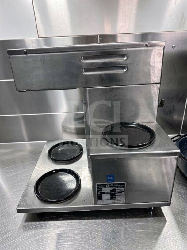 Wilbur Curtis Alpha AP-1D coffee brewer, exceptional condition, stainless steel, three warmers, 120V, NSF certified, tested.