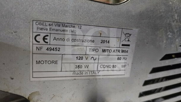OBEL Mito ATR M64 commercial coffee grinder, exceptional condition, 120V, Italian burr grinder, label details specs.