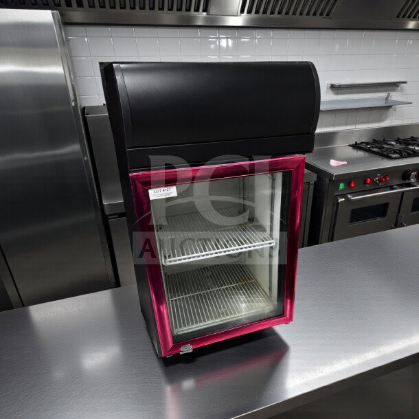 Superb condition Dongguan Fuhua CTH-32N glass door display refrigerator, 2.5 cu. ft., 110V, fully tested, visible tag.