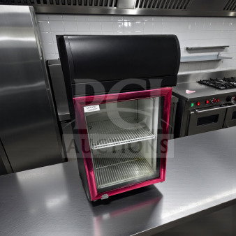 Superb condition Dongguan Fuhua CTH-32N glass door display refrigerator, 2.5 cu. ft., 110V, fully tested, visible tag.