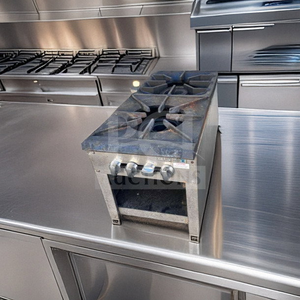 Vulcan single burner stock pot range, heavy-duty gas cooker, top-tier condition, fully tested, with control knobs visible.
