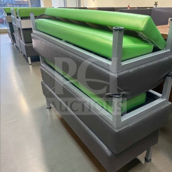 Commercial restaurant booth seating with upholstered vinyl cushions in superb condition. Heavy-duty frame, inspected and ready for use. Model FUR-L-BOOTH-0585.