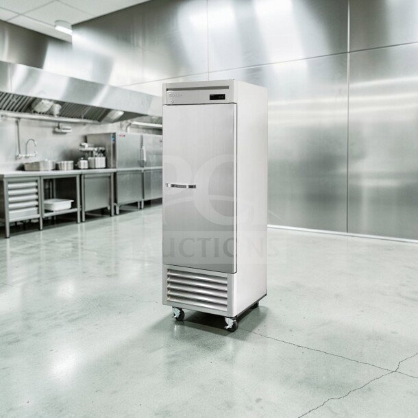 Blue Air BSR23-HC stainless steel reach-in refrigerator, 26" single section, 23 cu. ft., bottom mount, commercial grade, on wheels.