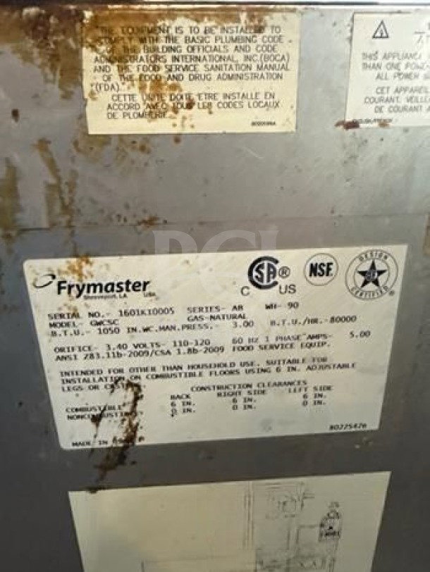 Frymaster GWCSC Commercial Gas Pasta Cooker label, NSF/CSA listed, showing specifications and model details, in outstanding condition.