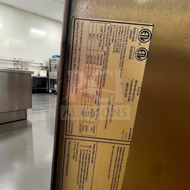 Commercial stainless steel wall mount kitchen exhaust hood, model HOOD-L-SS-0939. High-grade condition, fully functional, contains Intertek safety labels detailing model and certification.