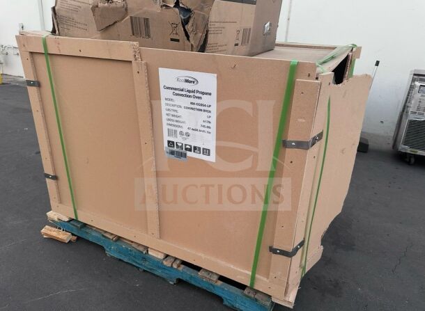 Brand new KoolMore KM-CCO54-LP commercial convection oven in pristine condition, crated and ready for transport.