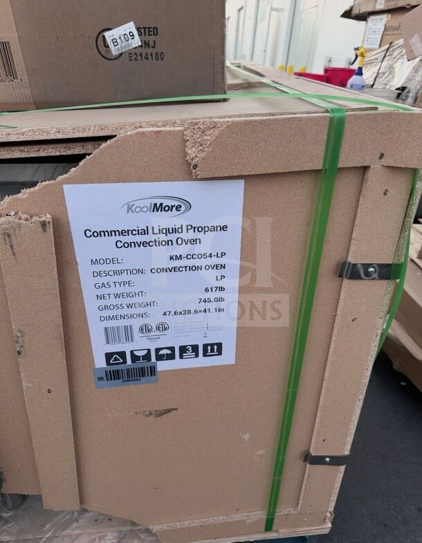 Brand new KoolMore KM-CCO54-LP commercial convection oven in crate, liquid propane, double deck, pristine condition.