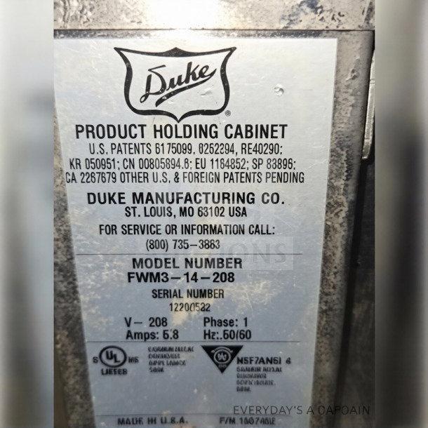 Duke FWM3-14-208 stainless steel heated holding cabinet, tested operational, 208V, features detailed manufacturer label.