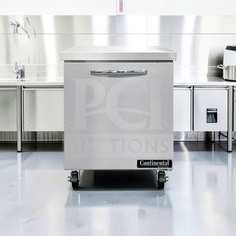 Continental undercounter refrigerator, commercial stainless steel, 1 door, exceptional condition, fully tested, on wheels.