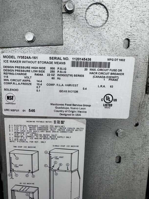 Manitowoc IY0524A-161 Indigo Series ice machine label displaying model, serial number, voltage, and operational specifications.