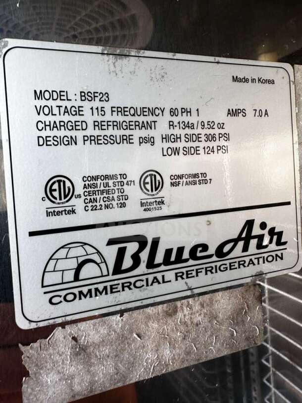 Blue Air BSF23 Commercial Freezer label showing model, voltage 115V, refrigerant R-134a, and certifications.