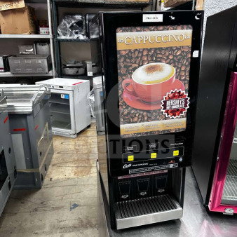 Wilbur Curtis commercial cappuccino dispenser, model PC-3D-10-01, with 3 flavor stations, fully operational in exceptional condition.