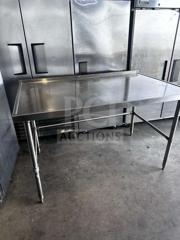 Stainless steel commercial work table, 60"x36", with multi-tier overshelf, mobile, inspected, excellent condition.