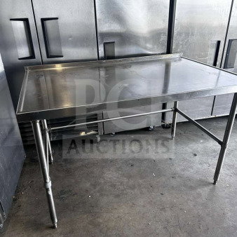 Stainless steel commercial work table, 60"x36", with multi-tier overshelf, mobile, inspected, excellent condition.