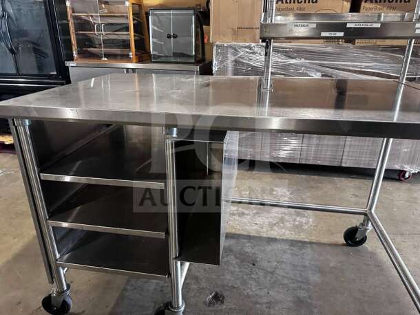 Stainless steel commercial work table with multi-tier overshelf, approx. 60"x36", inspected, mobile, SS-M-OVS-1108.