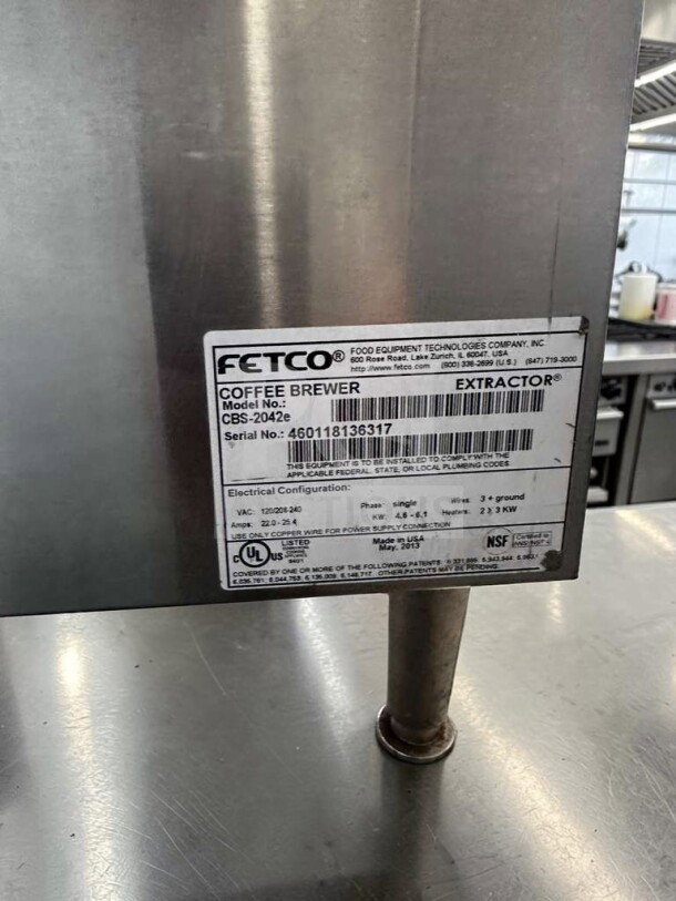 FETCO CBS-2042E Coffee Brewer, superior condition, model label visible, 120/208-240V, high-volume, tested operational.