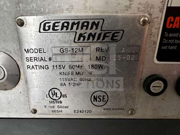 German Knife GS-12M 12" slicer label, showing model, serial #0BB-020, 115V, 1/2 HP, NSF certified, made in Korea.