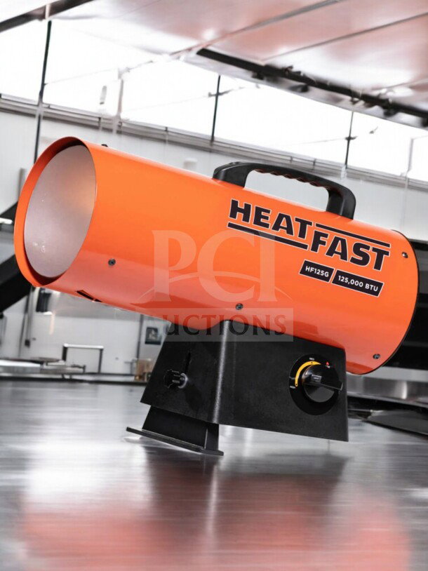 Brand new HeatFast HF125G forced air propane heater, 125,000 BTU, portable and factory sealed, model HEA-S-HTR-0455.
