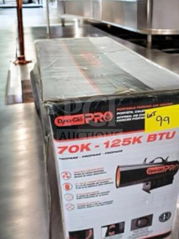 Brand new HeatFast HF125G forced air propane heater, 125,000 BTU, sealed box, portable, 115V, factory condition.