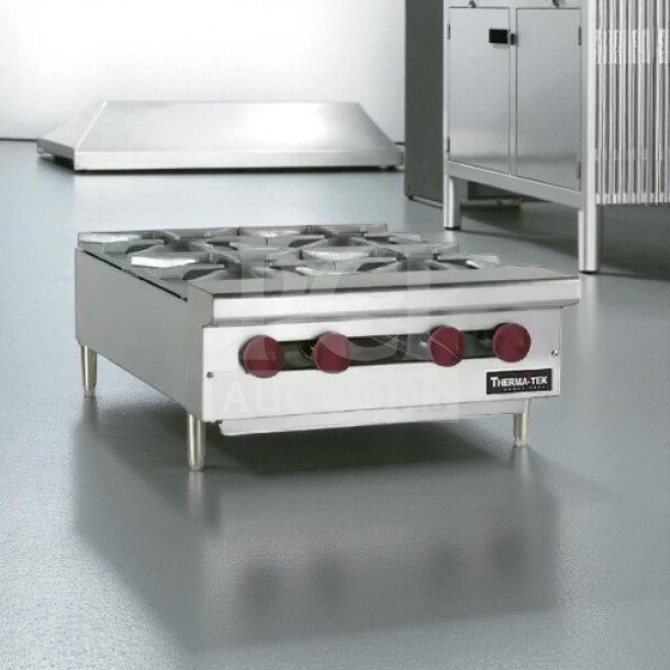 Brand new Therma-Tek TCHP24-4L countertop gas hot plate, 24", 4 burners, factory sealed, stainless steel, ready for use.