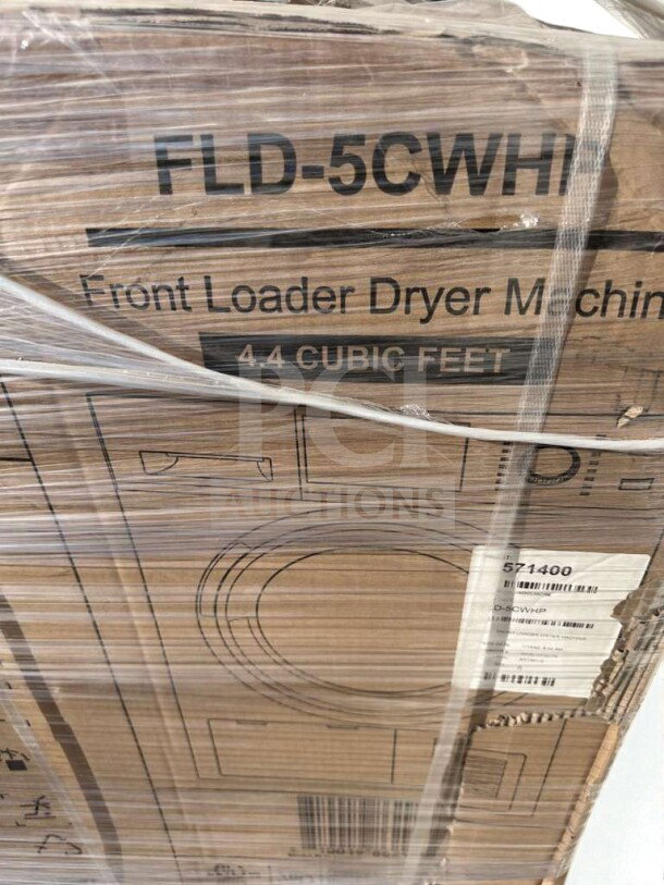 KoolMore 24" Electric Ventless Front Load Dryer, model FLD-5CWHP, 4.4 cu. ft., new with scratch and dent. Box markings visible.
