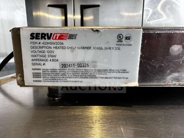 ServIt 423HSW2036 36" stainless steel heated shelf warmer, 576W, 120V, UL/NSF listed, in flawless condition, fully tested.