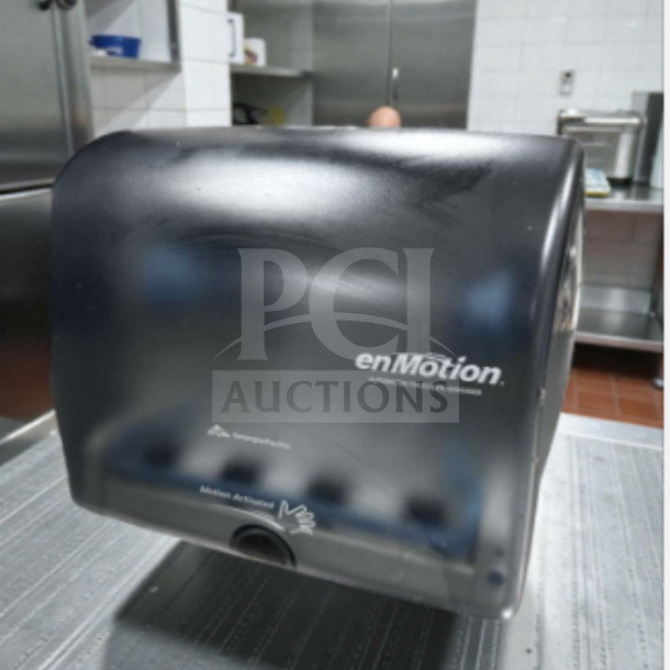 Georgia-Pacific enMotion 59462A touchless paper towel dispenser, black/smoke, GP PRO branding, fully inspected, top-tier condition.