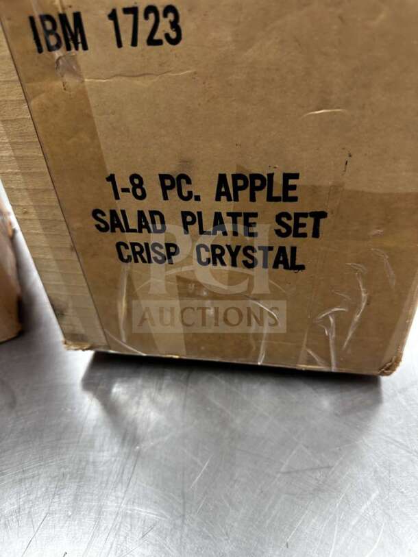Cardboard box labeled "1-8 PC. Apple Salad Plate Set Crisp Crystal."