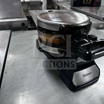 Yabano SW-290B Rotating Belgian Waffle Maker, 1200W, 120V, ETL listed, fully operational, visible wear, on stainless steel surface.