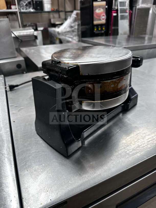 Yabano SW-290B rotating Belgian waffle maker, 1200W, black and silver finish, fully operational, ETL listed.