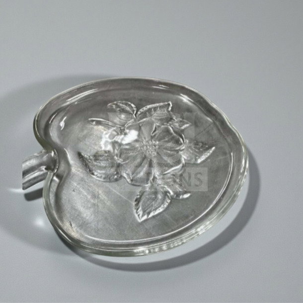 Crisp Crystal apple-shaped glass salad plate with floral design, new open box, pristine condition. Model: IBM 1723.