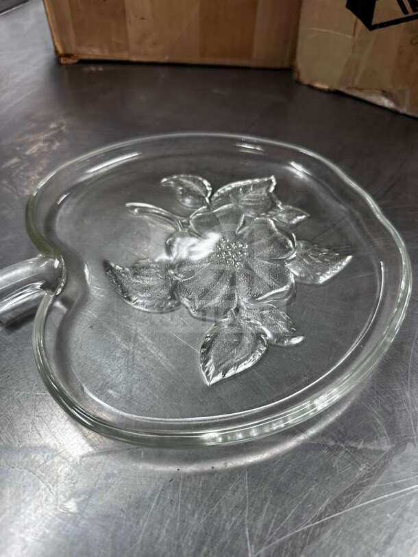 Crisp Crystal apple-shaped glass salad plate with floral design, immaculate condition, new open box, 16 plates total.